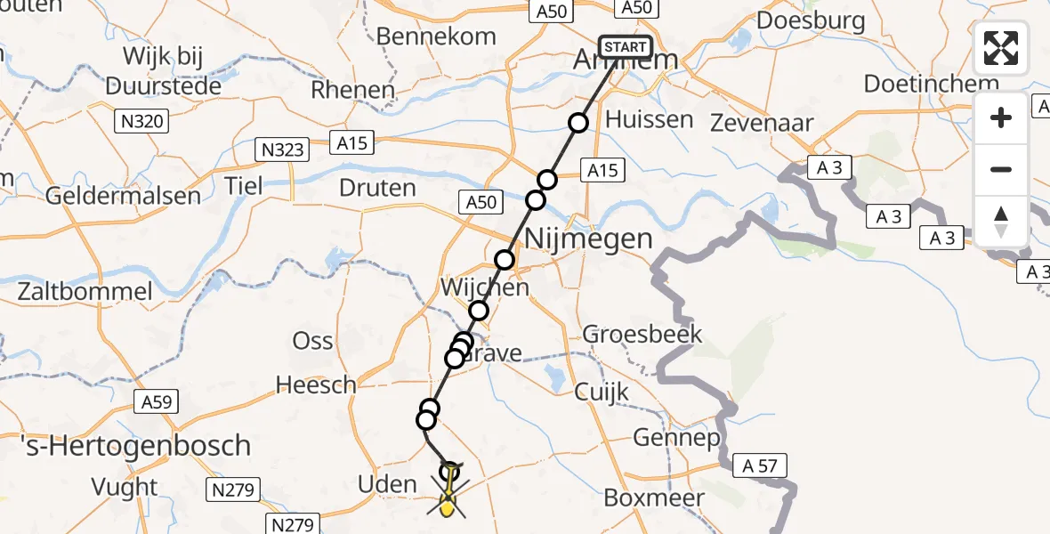 Routekaart van de vlucht: Lifeliner 3 naar Vliegbasis Volkel, Utrechtsestraat