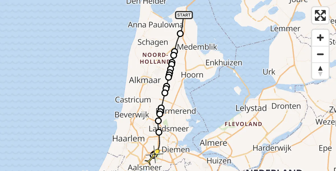 Routekaart van de vlucht: Politiehelikopter naar Schiphol, Den Oeverseweg