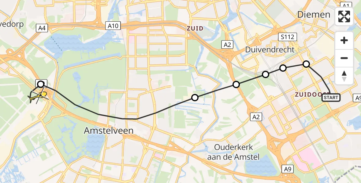 Routekaart van de vlucht: Politieheli naar Schiphol, Gooiseweg
