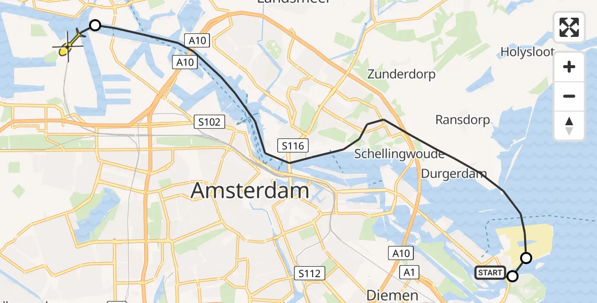 Routekaart van de vlucht: Lifeliner 1 naar Amsterdam Heliport, Strandeilandlaan