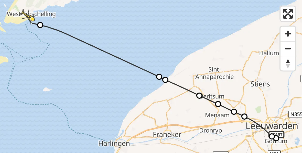 Routekaart van de vlucht: Ambulanceheli naar West-Terschelling, Nijlânsdyk