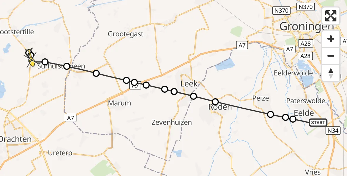 Routekaart van de vlucht: Lifeliner 4 naar Harkema, Oosterloop