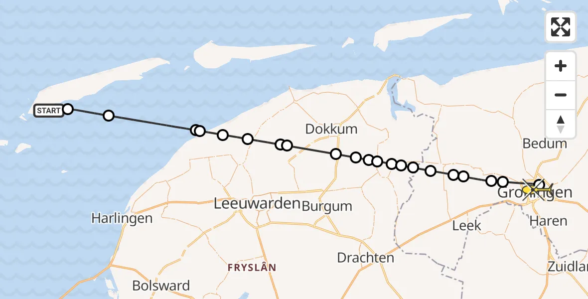 Routekaart van de vlucht: Ambulanceheli naar Universitair Medisch Centrum Groningen, De Vleugel
