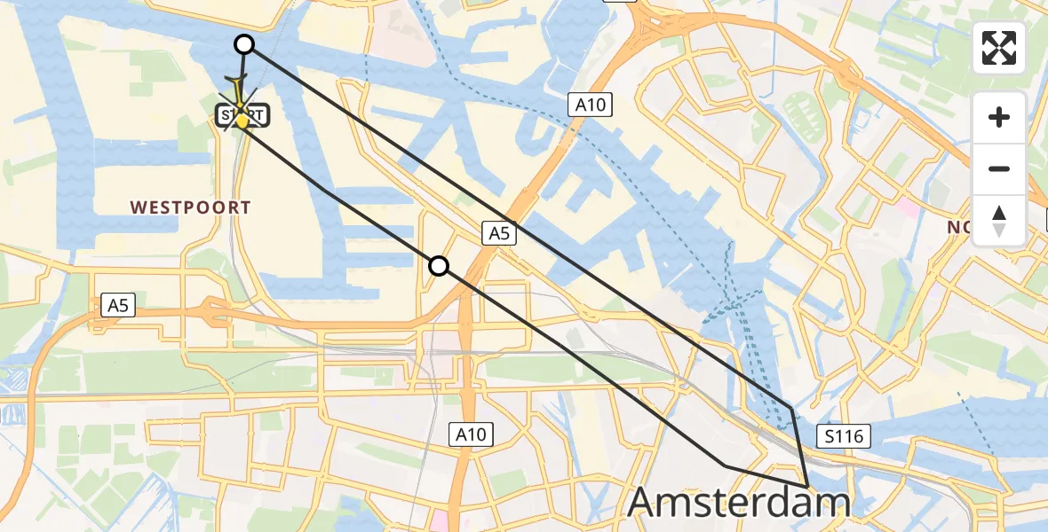Routekaart van de vlucht: Lifeliner 1 naar Amsterdam Heliport, Westhaven