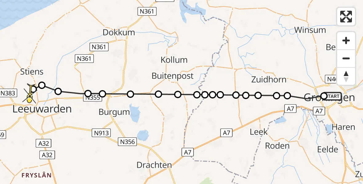 Routekaart van de vlucht: Ambulanceheli naar Vliegbasis Leeuwarden, Lopendediep