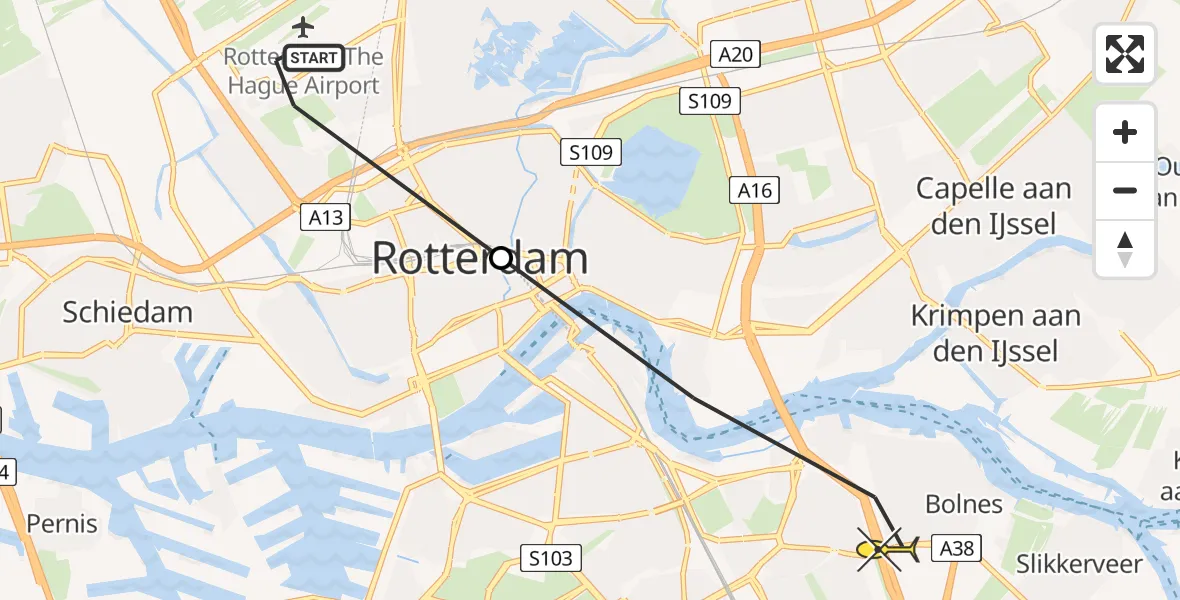 Routekaart van de vlucht: Lifeliner 2 naar Rotterdam, Zestienhovensebaan