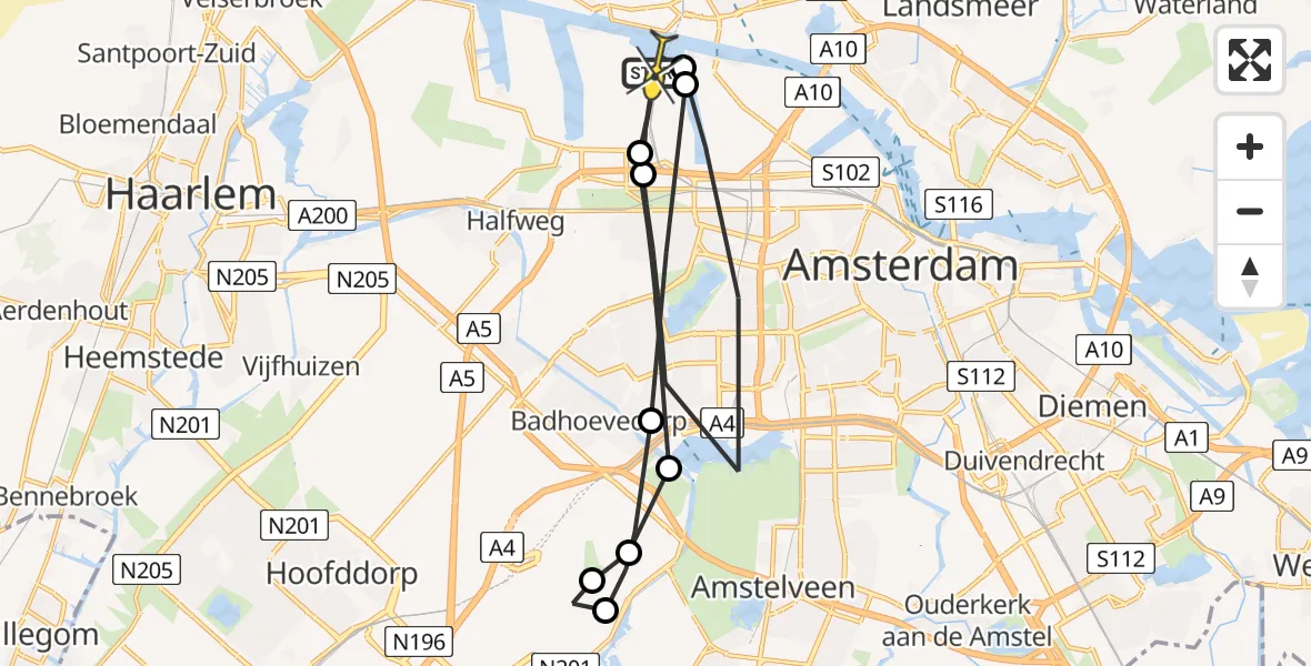 Routekaart van de vlucht: Lifeliner 1 naar Amsterdam Heliport, Nieuw-Zeelandweg