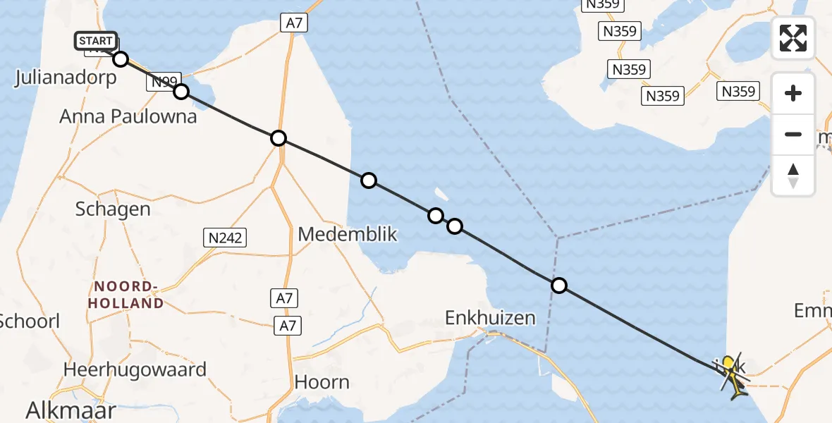 Routekaart van de vlucht: Kustwachthelikopter naar Urk, Rijksweg
