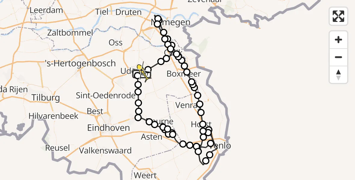 Vluchtroute Politiehelikopter van Vliegbasis Volkel naar Vliegbasis Volkel