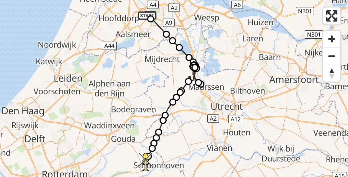 Routekaart van de vlucht: Politiehelikopter naar Bergambacht, Reevliet