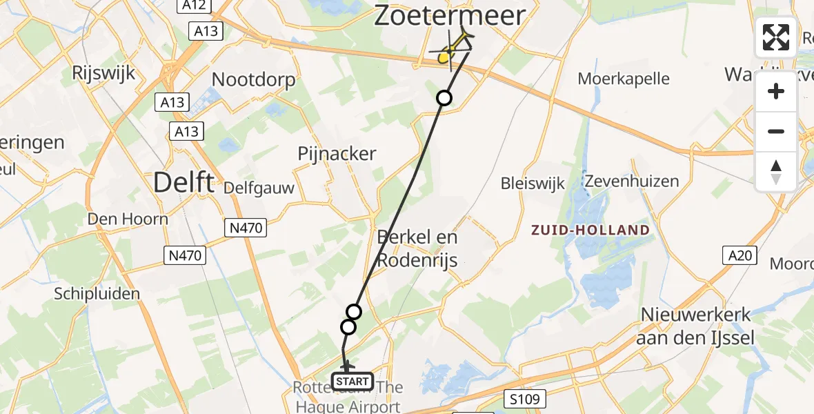 Routekaart van de vlucht: Lifeliner 2 naar Zoetermeer, A16 Rotterdam