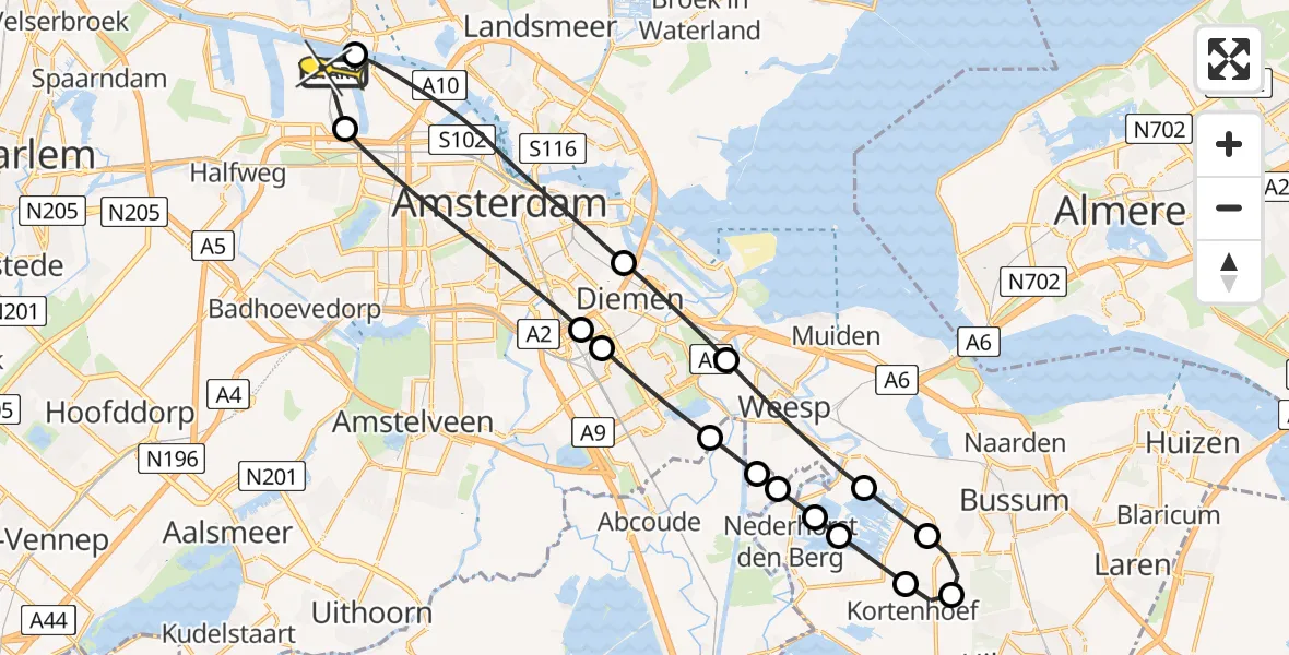 Routekaart van de vlucht: Lifeliner 1 naar Amsterdam Heliport, Corsicaweg