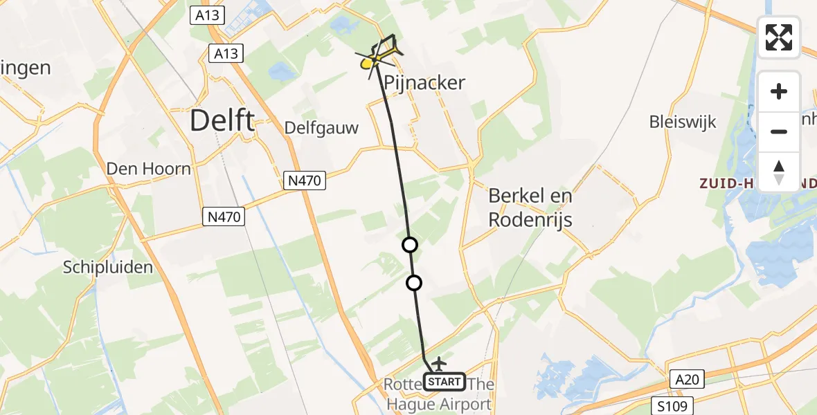 Routekaart van de vlucht: Lifeliner 2 naar Pijnacker, Sportlaan