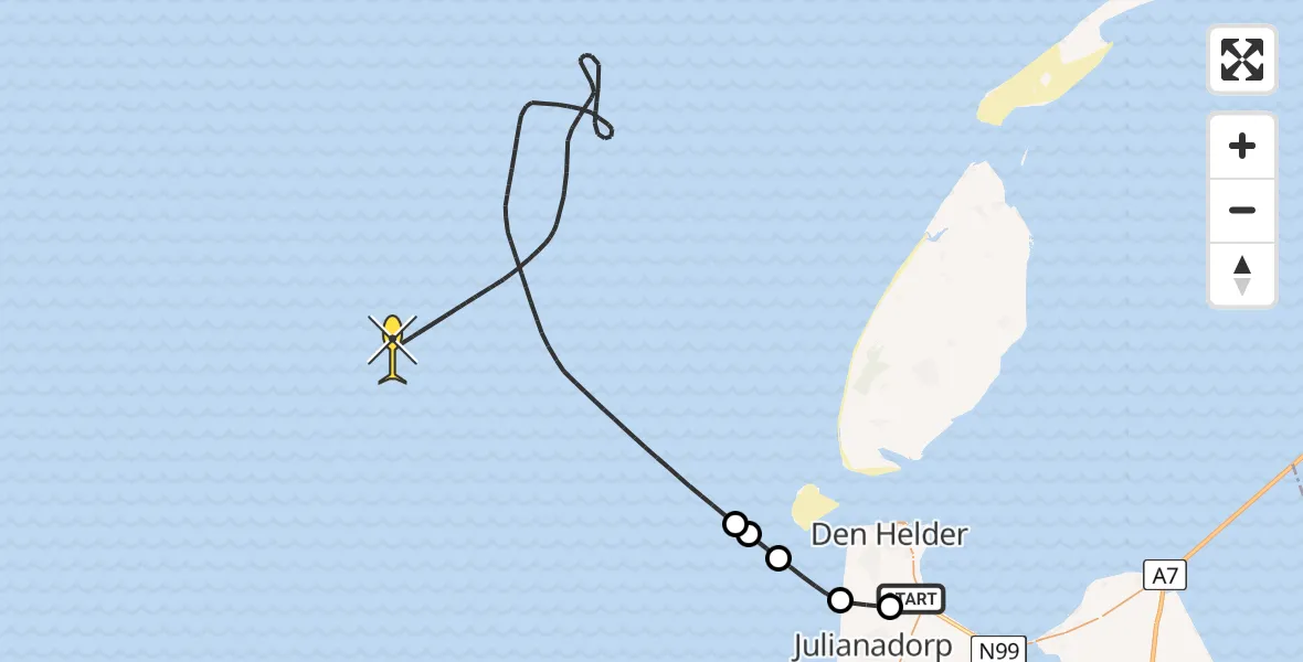 Routekaart van de vlucht: Kustwachthelikopter naar Kortevliet