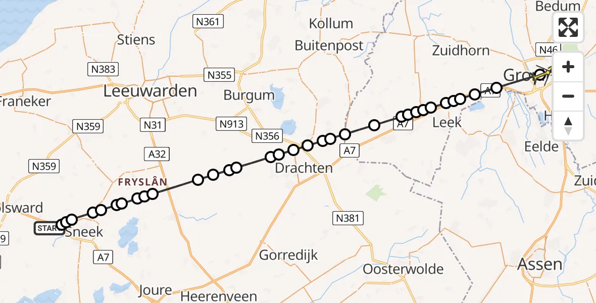 Routekaart van de vlucht: Lifeliner 4 naar Universitair Medisch Centrum Groningen, Monumentwei