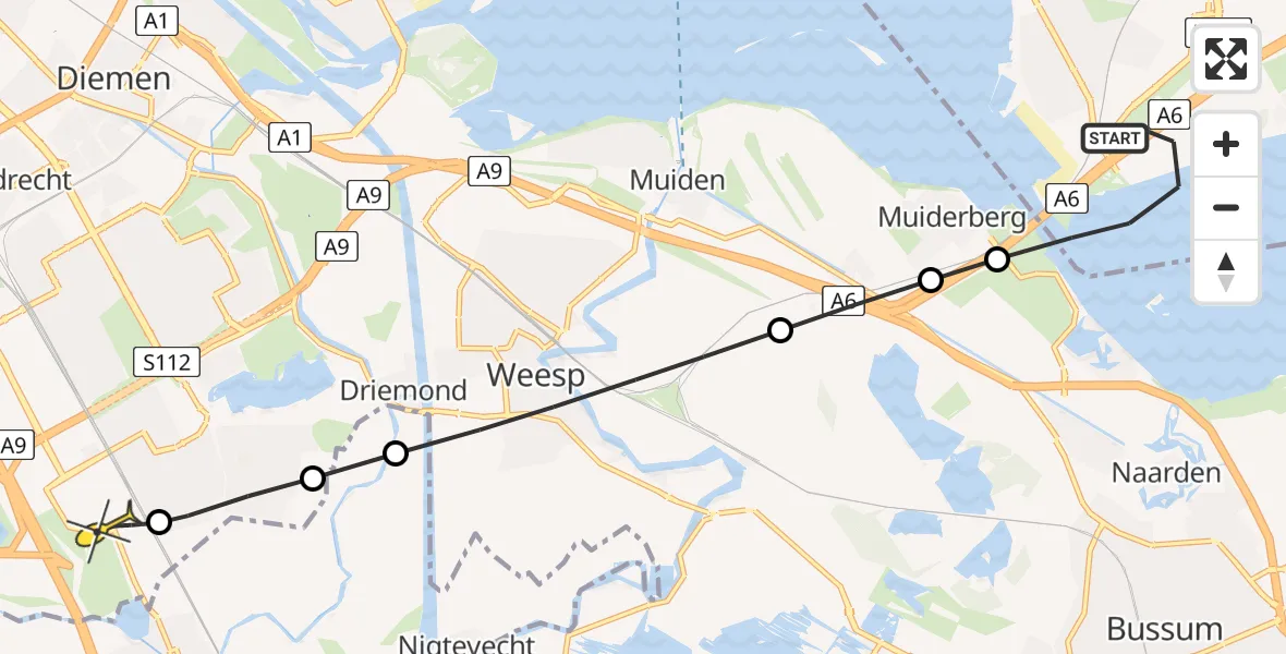 Routekaart van de vlucht: Lifeliner 1 naar Academisch Medisch Centrum (AMC), Gooimeerdijk-West
