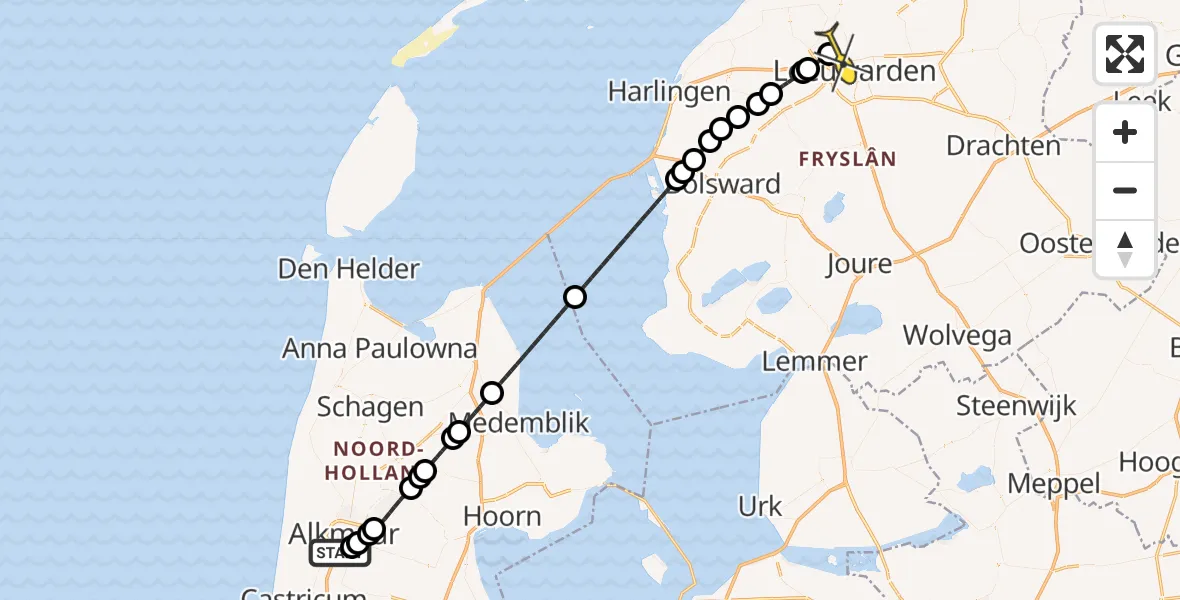 Routekaart van de vlucht: Ambulancehelikopter naar Vliegbasis Leeuwarden, Diamantweg