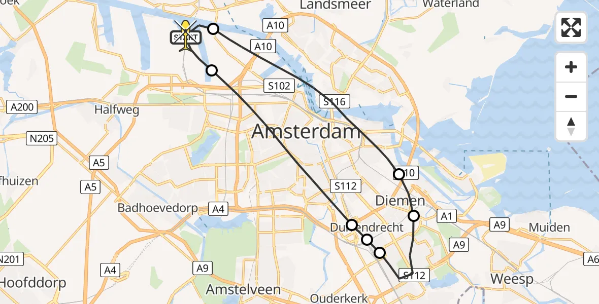 Routekaart van de vlucht: Lifeliner 1 naar Amsterdam Heliport, Westhaven