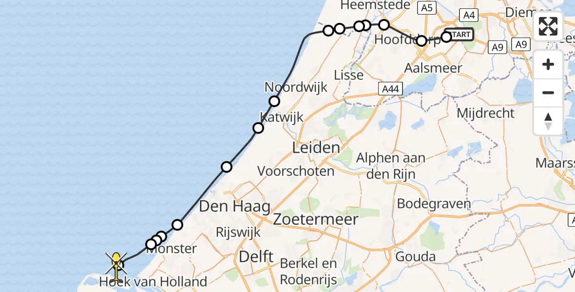 Routekaart van de vlucht: Politieheli naar Hoek van Holland, Amsterdam-Bataviaweg