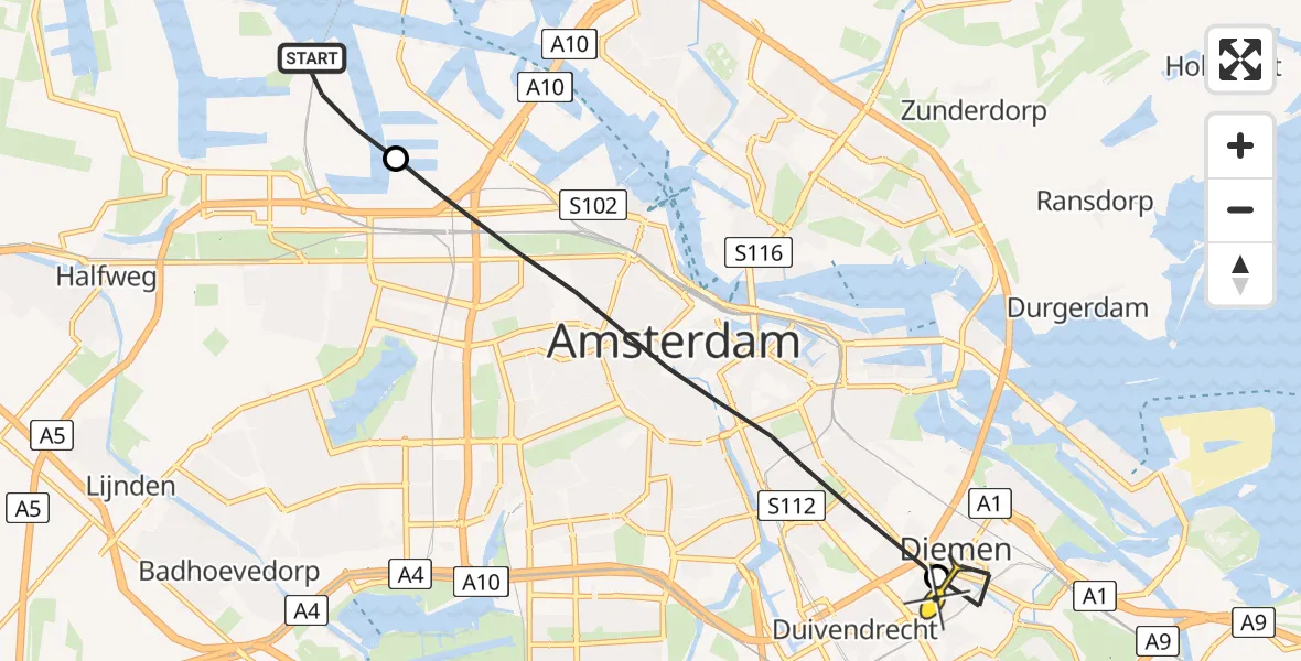 Routekaart van de vlucht: Lifeliner 1 naar Diemen, Westhaven