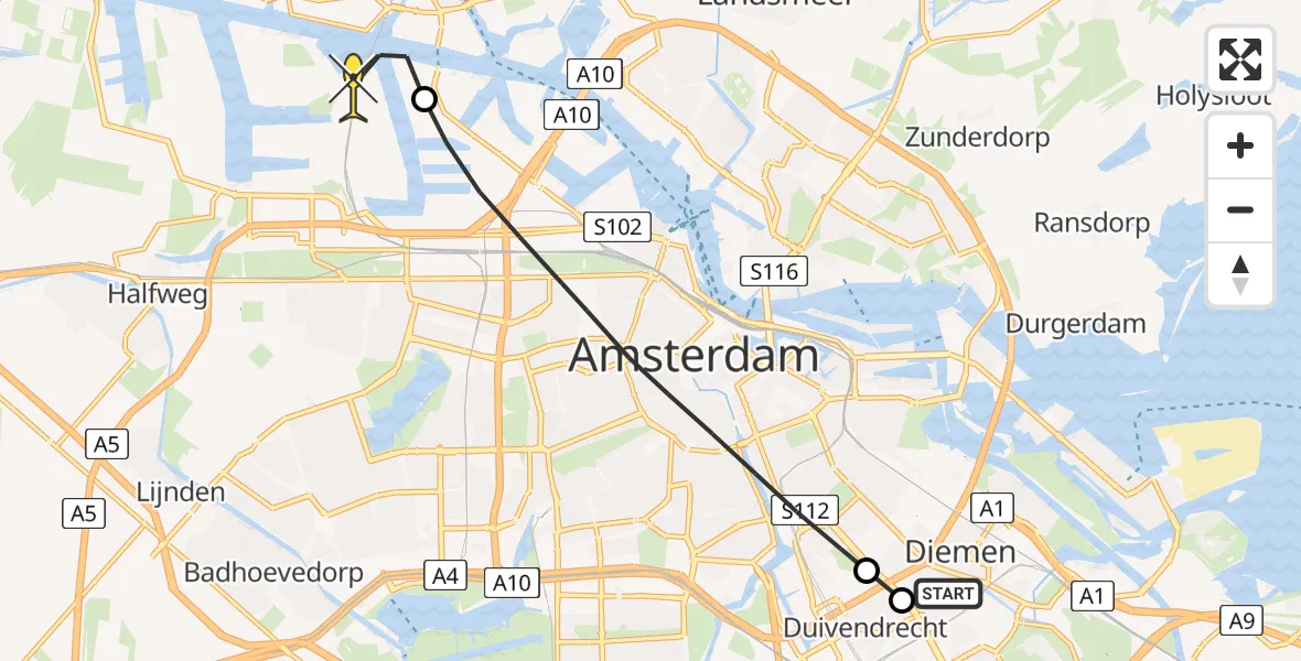Routekaart van de vlucht: Lifeliner 1 naar Amsterdam Heliport, Rozenburglaan
