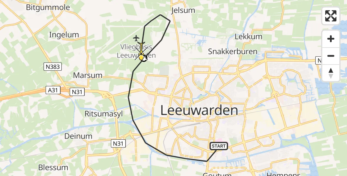 Routekaart van de vlucht: Ambulanceheli naar Vliegbasis Leeuwarden, Nijlânsdyk