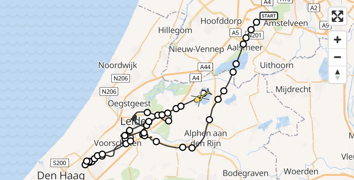 Routekaart van de vlucht: Politiehelikopter naar Rijnsaterwoude, Loevesteinse Randweg