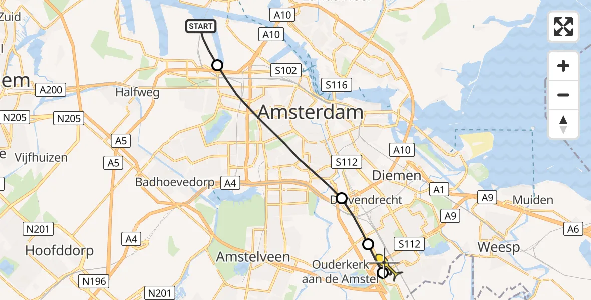 Routekaart van de vlucht: Lifeliner 1 naar Academisch Medisch Centrum (AMC), Corsicaweg