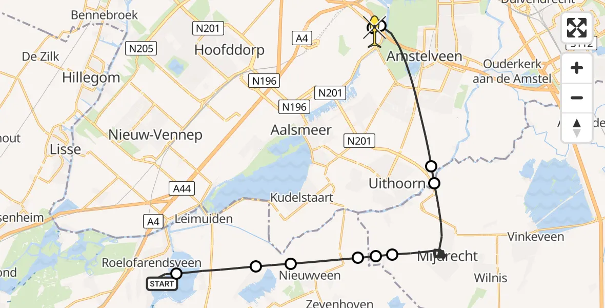 Routekaart van de vlucht: Politieheli naar Schiphol, Braassemermeer