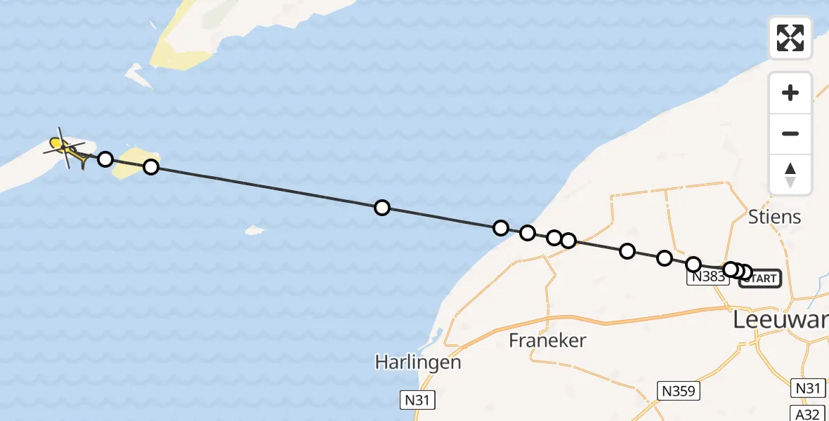 Routekaart van de vlucht: Ambulancehelikopter naar Vlieland Heliport, Sirtemawei