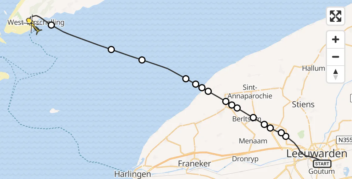 Routekaart van de vlucht: Ambulancehelikopter naar West-Terschelling, Wijnhornsterstraat