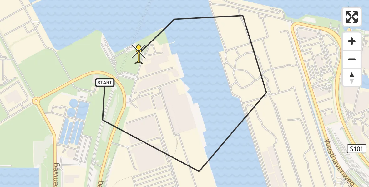 Routekaart van de vlucht: Lifeliner 1 naar Amsterdam Heliport, Westhavenweg