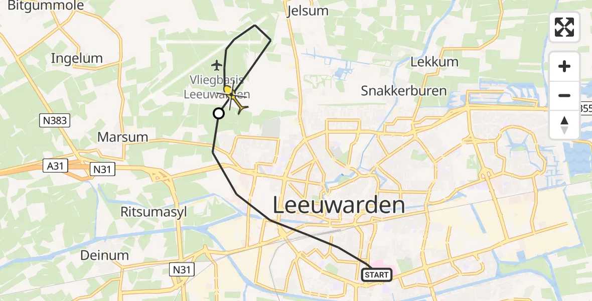 Routekaart van de vlucht: Ambulancehelikopter naar Vliegbasis Leeuwarden, Ruysdaelstraat