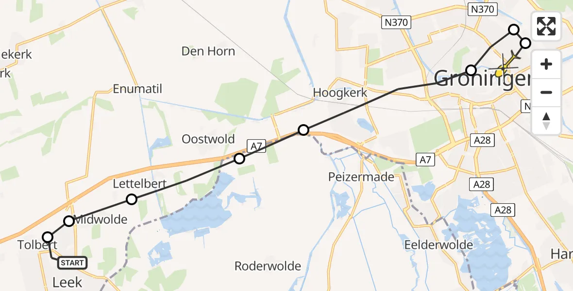 Routekaart van de vlucht: Lifeliner 4 naar Universitair Medisch Centrum Groningen, Hoofdstraat