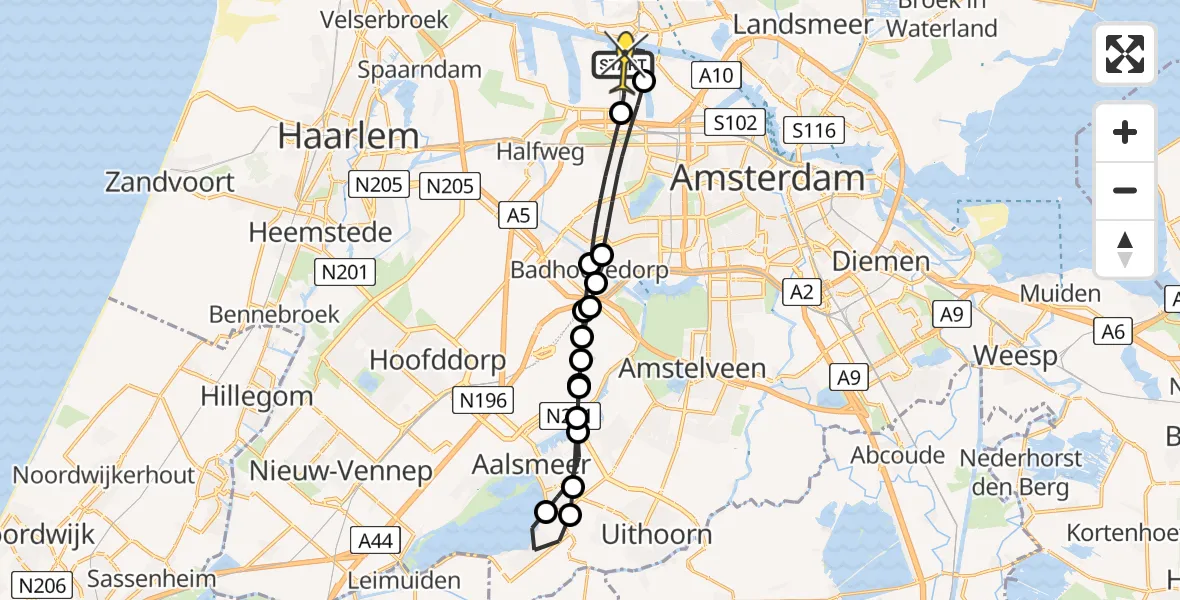 Routekaart van de vlucht: Lifeliner 1 naar Amsterdam Heliport, Corsicaweg