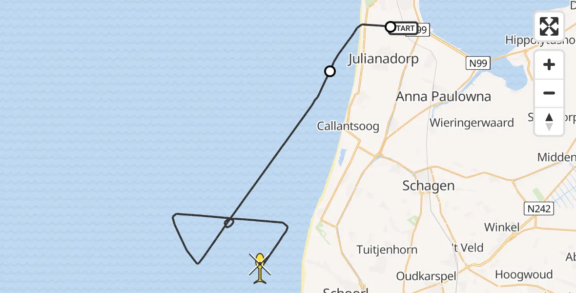 Routekaart van de vlucht: Kustwachthelikopter naar Piet Pieters Hoeve