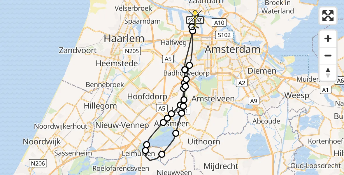 Routekaart van de vlucht: Lifeliner 1 naar Amsterdam Heliport, Nieuw-Zeelandweg