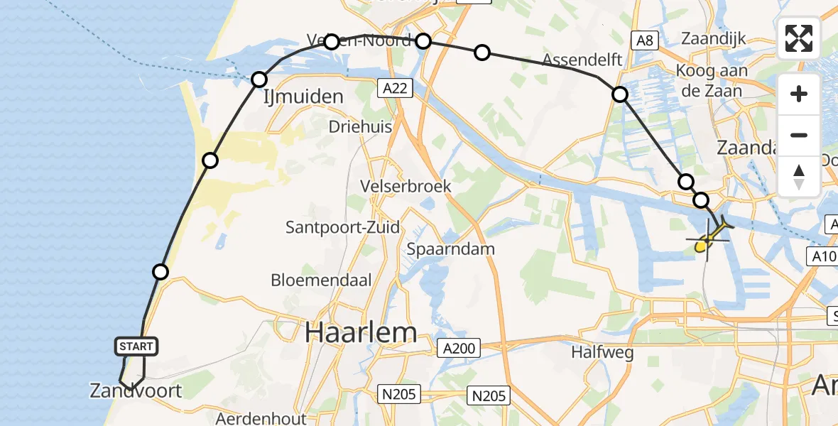 Routekaart van de vlucht: Lifeliner 1 naar Amsterdam Heliport, Strandafgang De Favauge