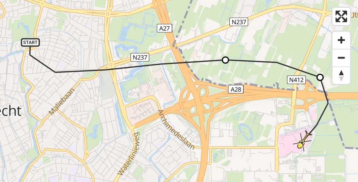 Routekaart van de vlucht: Lifeliner 1 naar Universitair Medisch Centrum Utrecht, Biltstraat