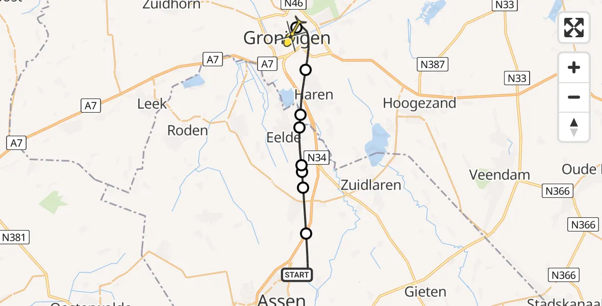 Routekaart van de vlucht: Lifeliner 4 naar Universitair Medisch Centrum Groningen, Robijnstoep