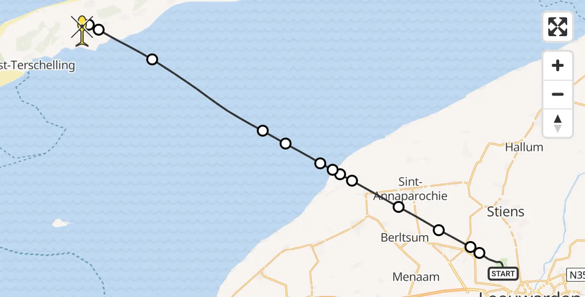 Routekaart van de vlucht: Ambulanceheli naar Midsland, Buitengebied Noordwest