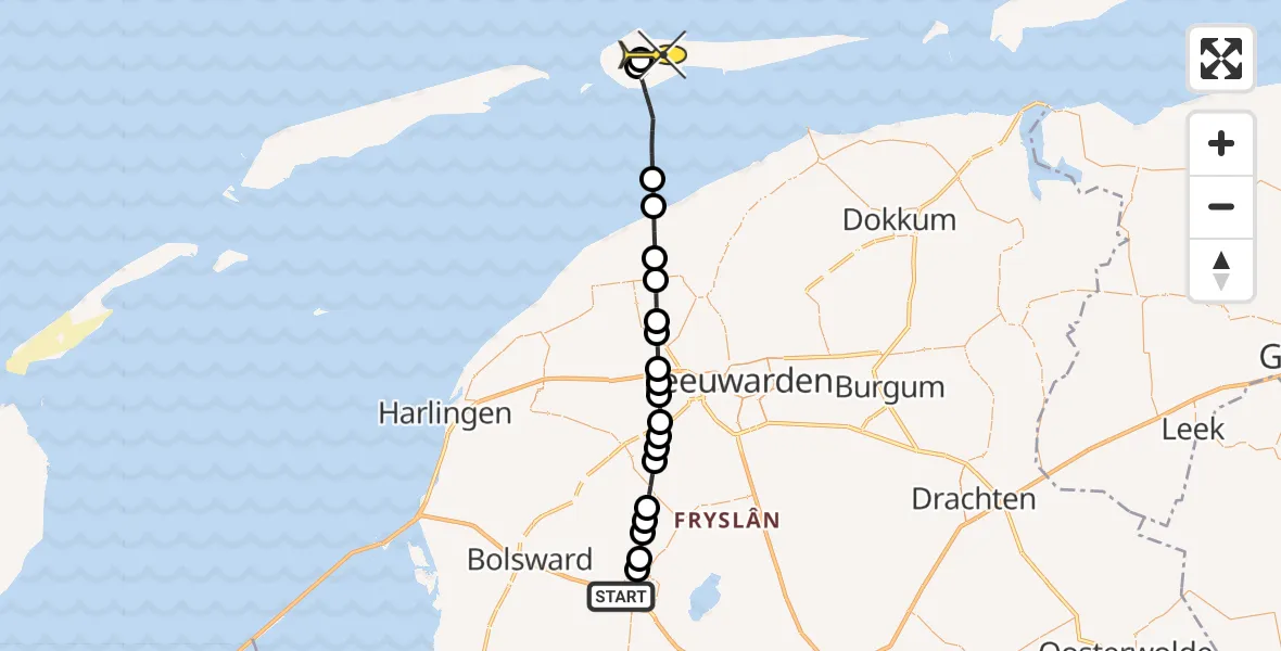 Routekaart van de vlucht: Ambulancehelikopter naar Ameland Airport Ballum, Waling Dijkstrastraat