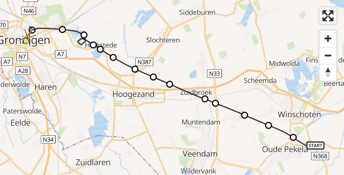 Routekaart van de vlucht: Lifeliner 4 naar Universitair Medisch Centrum Groningen, Turfweg