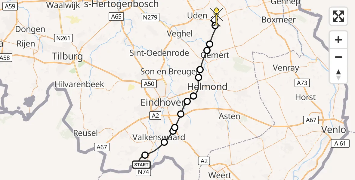 Routekaart van de vlucht: Lifeliner 3 naar Vliegbasis Volkel, Burgemeester Aartslaan