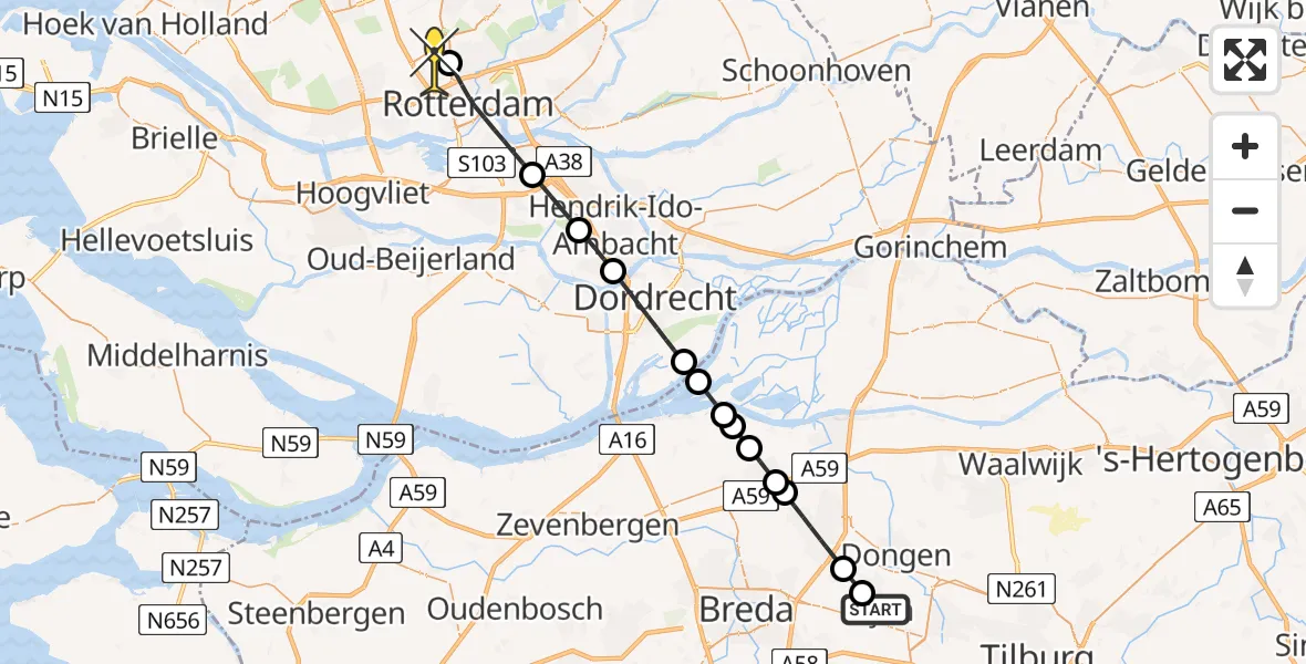 Routekaart van de vlucht: Lifeliner 2 naar Rotterdam The Hague Airport, Vijf Eikenweg
