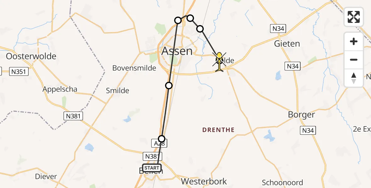 Routekaart van de vlucht: Lifeliner 4 naar Rolde, Alting