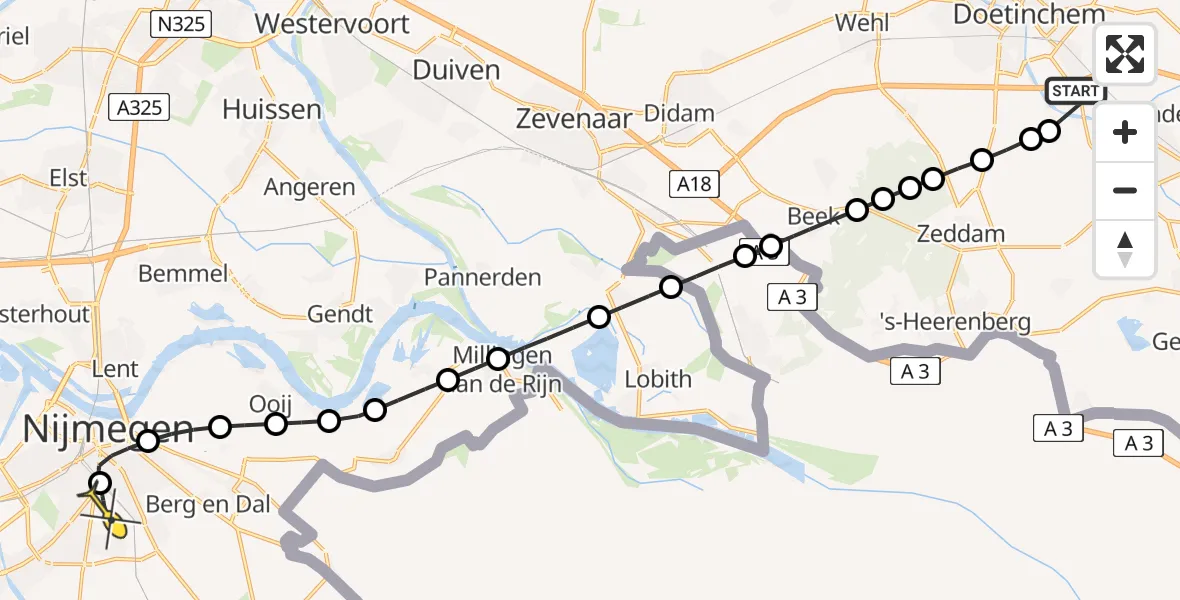 Routekaart van de vlucht: Lifeliner 3 naar Radboud Universitair Medisch Centrum, Waalsche Water