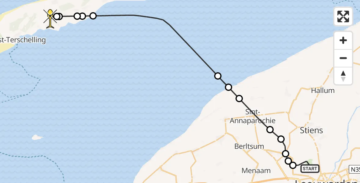 Routekaart van de vlucht: Ambulancehelikopter naar Midsland, Keegsdijkje