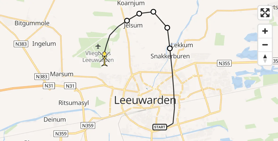 Routekaart van de vlucht: Ambulancehelikopter naar Vliegbasis Leeuwarden, Achter de Hoven