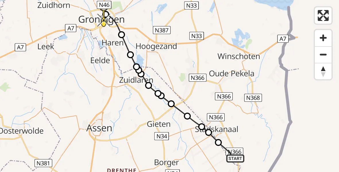 Routekaart van de vlucht: Lifeliner 4 naar Universitair Medisch Centrum Groningen, Horsten